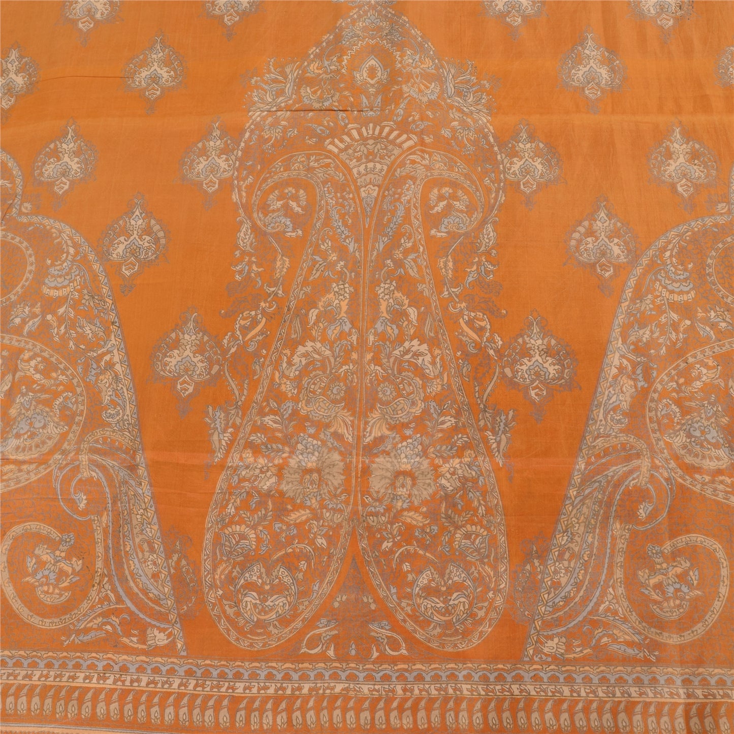 Sanskriti Vintage Sarees Saffron Indian Pure Silk Printed Sari 6yd Craft Fabric