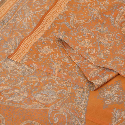 Sanskriti Vintage Sarees Saffron Indian Pure Silk Printed Sari 6yd Craft Fabric