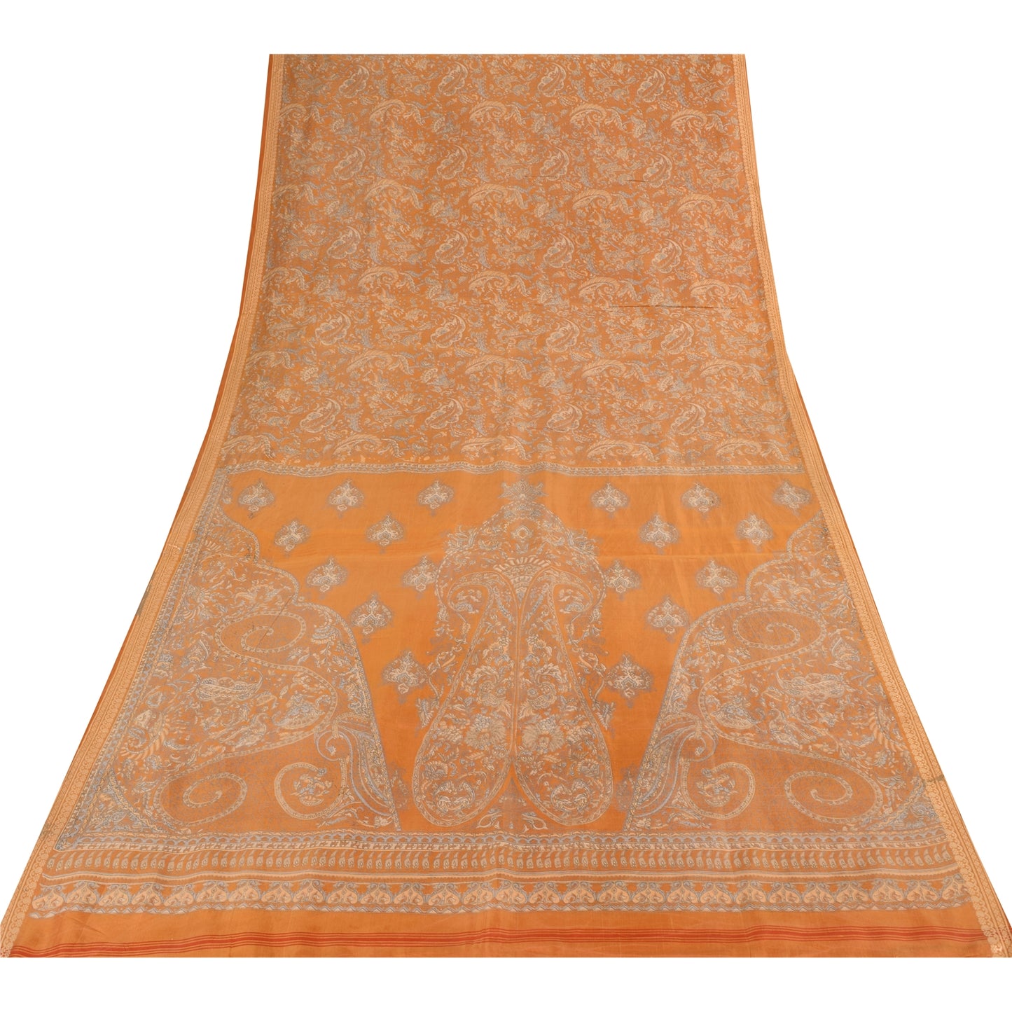 Sanskriti Vintage Sarees Saffron Indian Pure Silk Printed Sari 6yd Craft Fabric