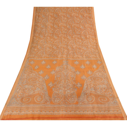 Sanskriti Vintage Sarees Saffron Indian Pure Silk Printed Sari 6yd Craft Fabric