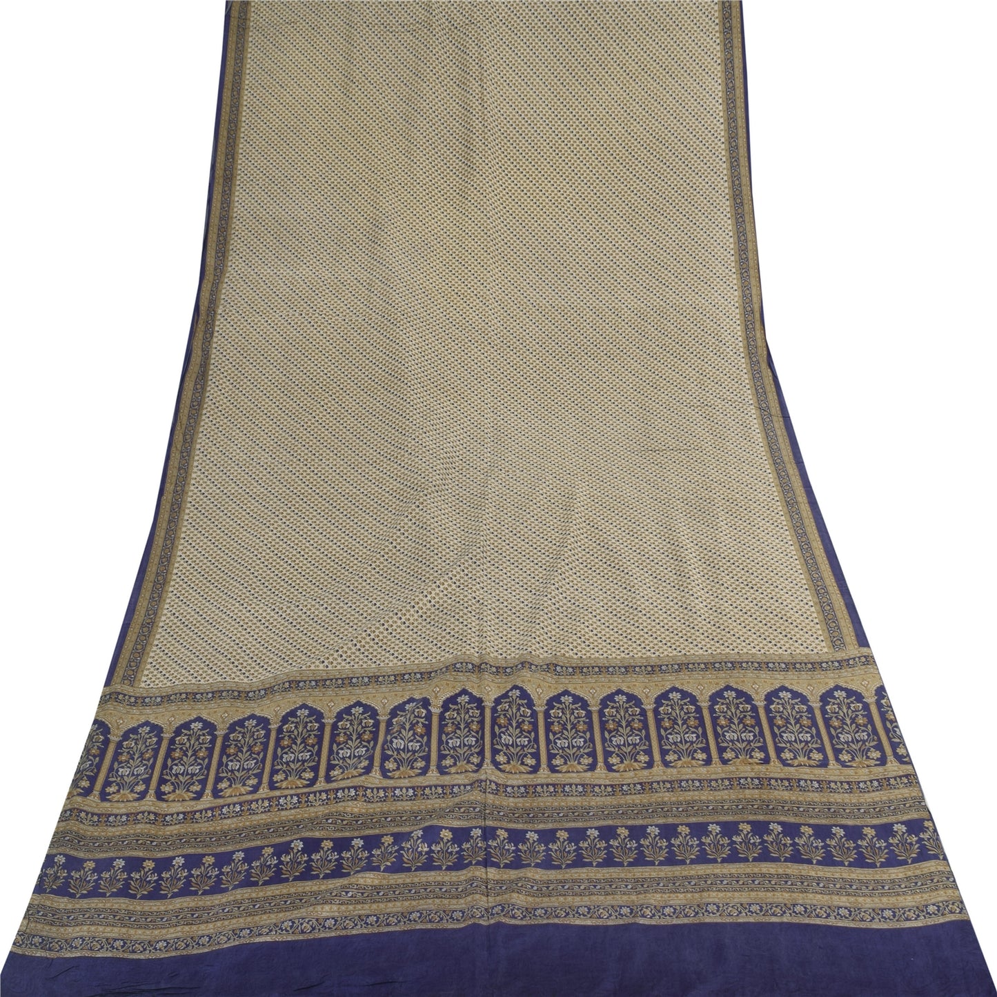 Sanskriti Vintage Sarees Ivory 100% Pure Silk Printed Sari 5yd Craft Fabric