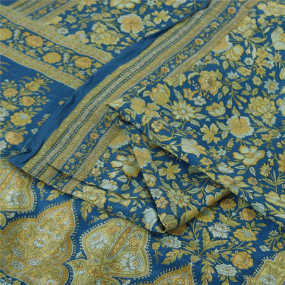 Sanskriti Vintage Sarees Blue/Green 100% Pure Silk Printed Sari 6yd Craft Fabric