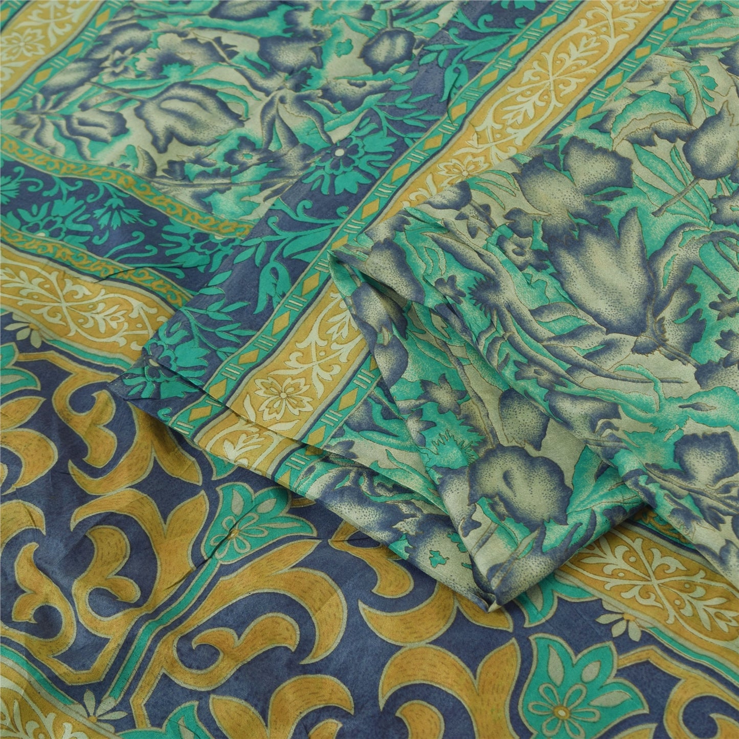 Sanskriti Vintage Sarees Green Indian Pure Silk Printed Sari 5yd Craft Fabric