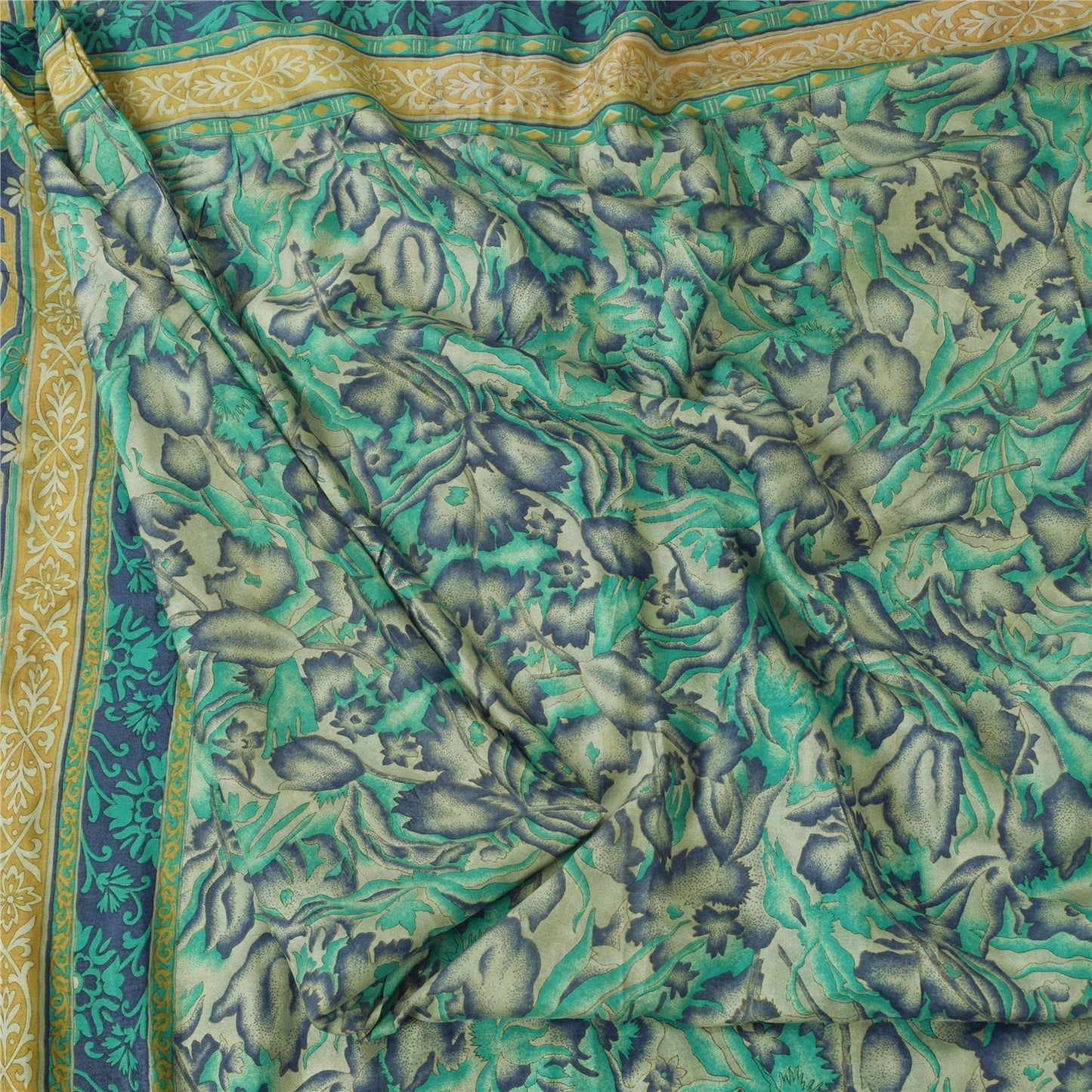 Sanskriti Vintage Sarees Green Indian Pure Silk Printed Sari 5yd Craft Fabric