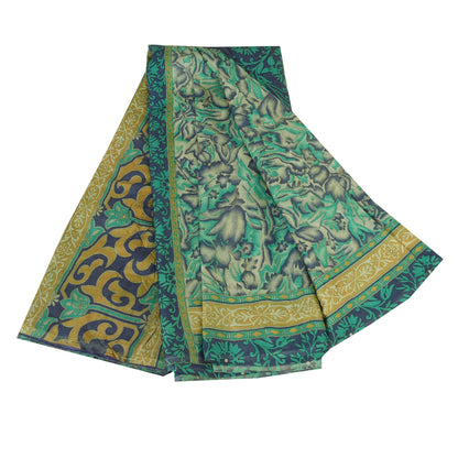 Sanskriti Vintage Sarees Green Indian Pure Silk Printed Sari 5yd Craft Fabric