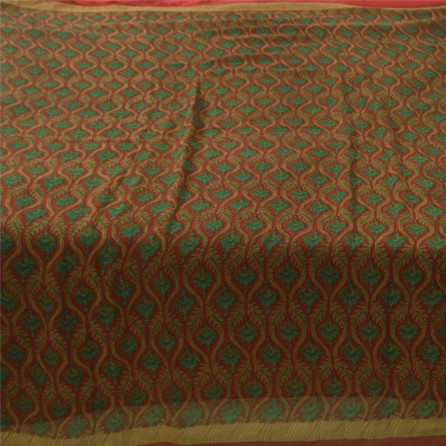 Sanskriti Vintage Sarees Red/Green 100% Pure Silk Printed Sari 5yd Craft Fabric