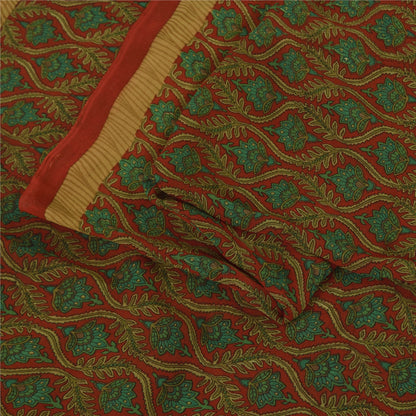 Sanskriti Vintage Sarees Red/Green 100% Pure Silk Printed Sari 5yd Craft Fabric