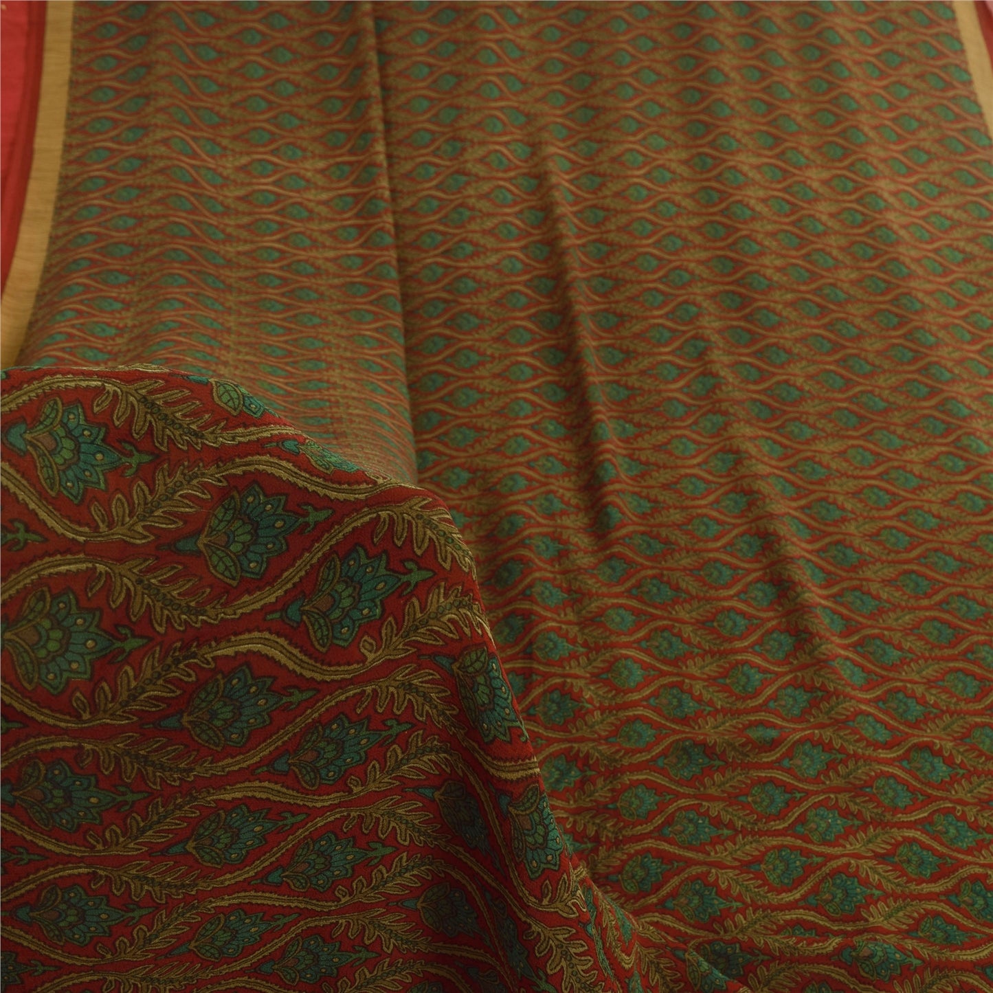 Sanskriti Vintage Sarees Red/Green 100% Pure Silk Printed Sari 5yd Craft Fabric