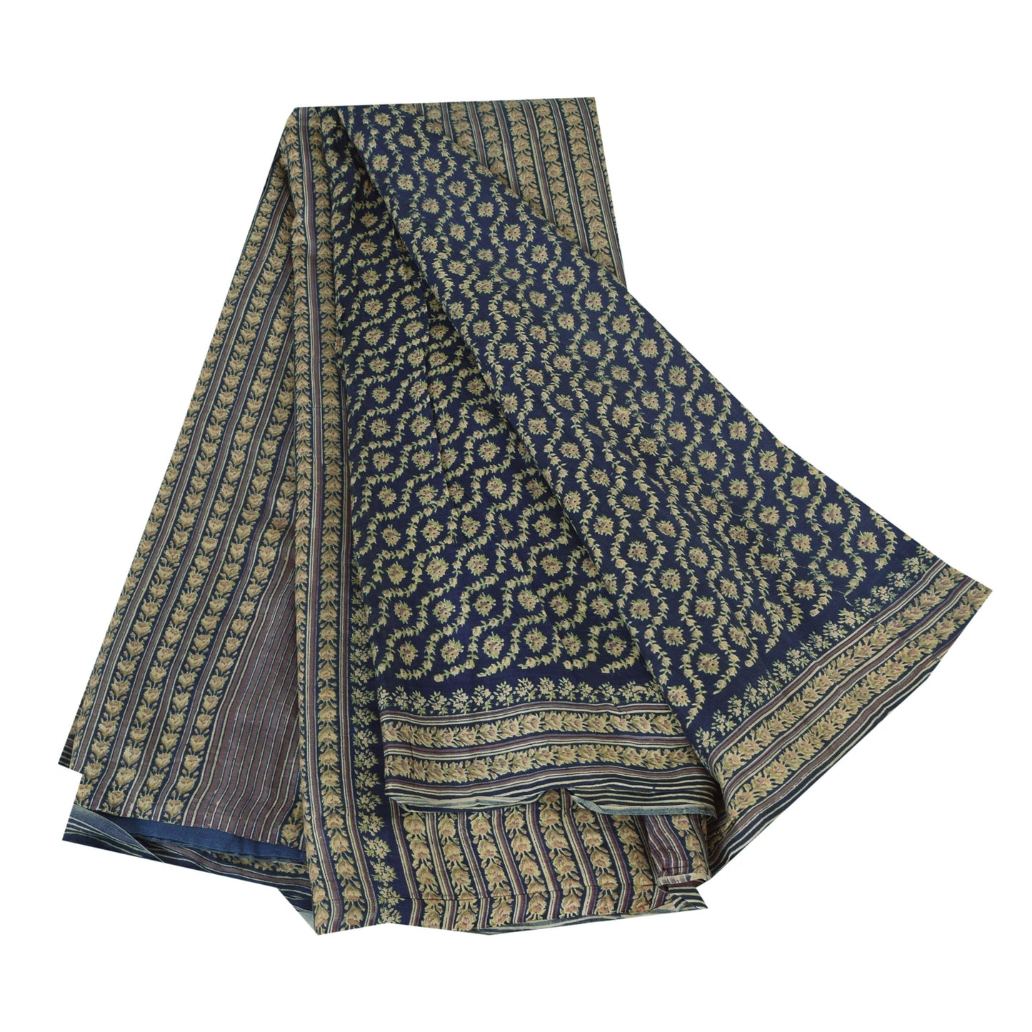 Sanskriti Vintage Sarees Indian Blue 100%Pure Silk Printed Sari 5yd Craft Fabric