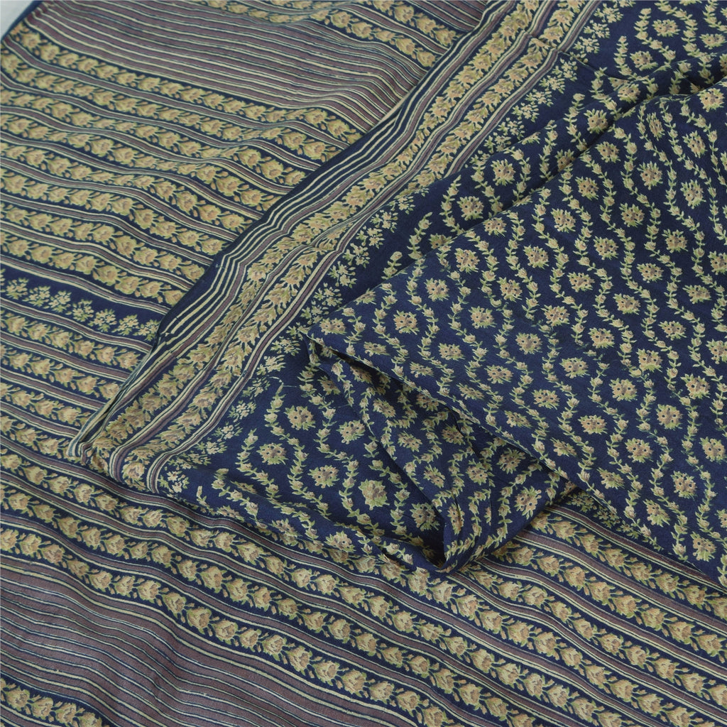 Sanskriti Vintage Sarees Indian Blue 100%Pure Silk Printed Sari 5yd Craft Fabric