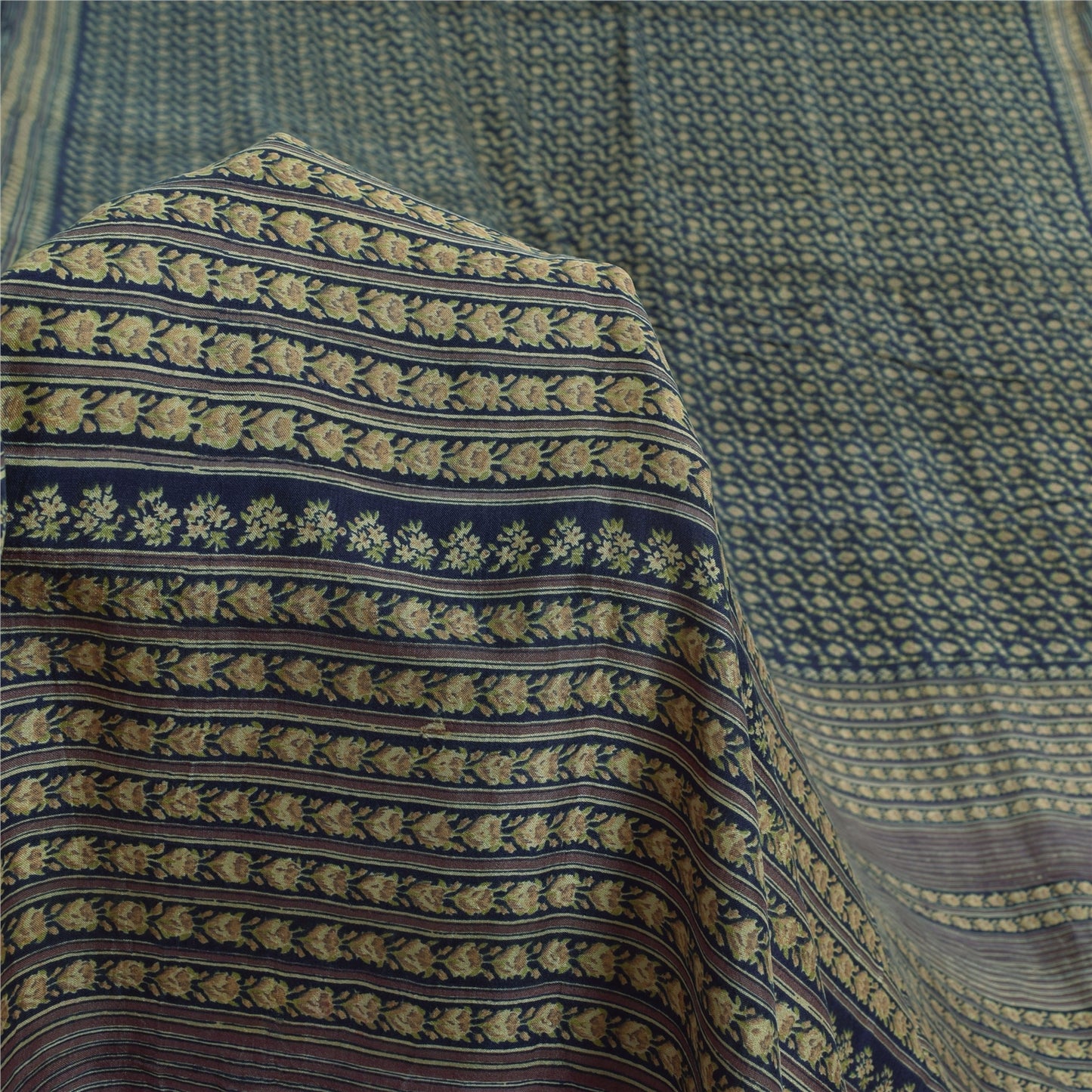 Sanskriti Vintage Sarees Indian Blue 100%Pure Silk Printed Sari 5yd Craft Fabric