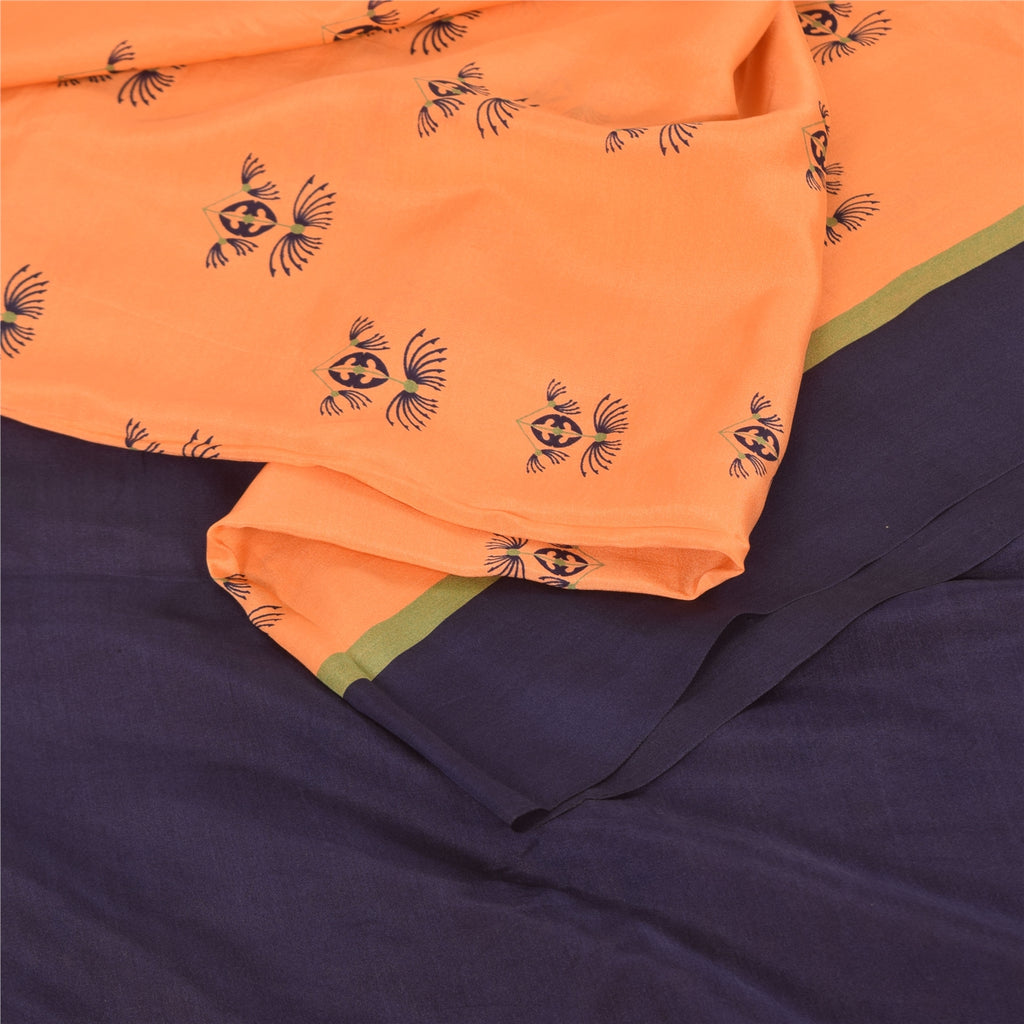 Sanskriti Vintage Sarees Orange/Blue 100%Pure Silk Printed Sari 5yd Craft Fabric