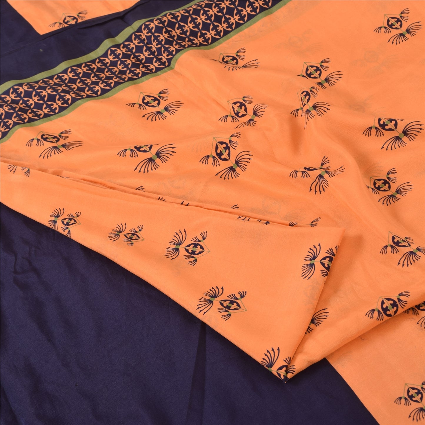 Sanskriti Vintage Sarees Orange/Blue 100%Pure Silk Printed Sari 5yd Craft Fabric