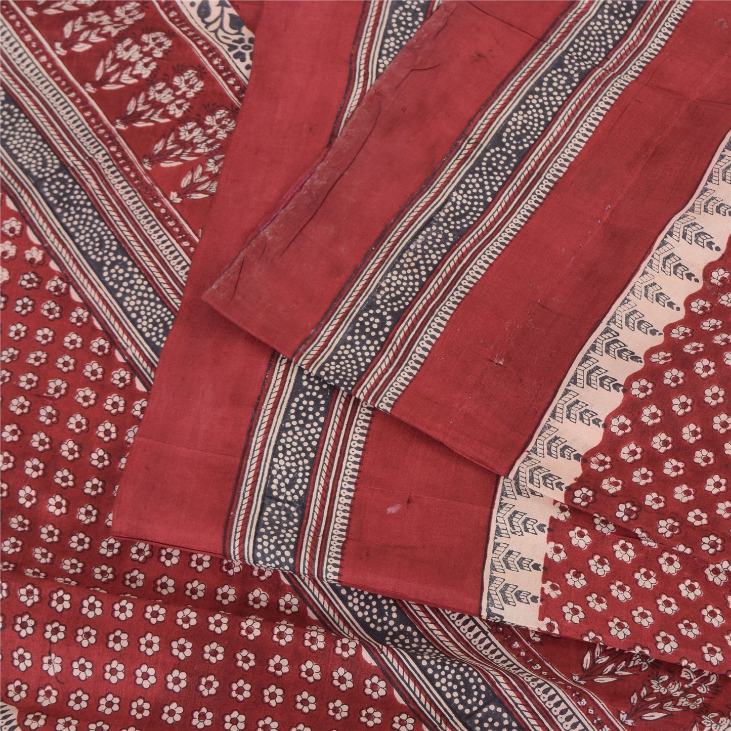 Sanskriti Vintage Sarees Red Indian Pure Silk Printed Sari 5yd Craft Fabric