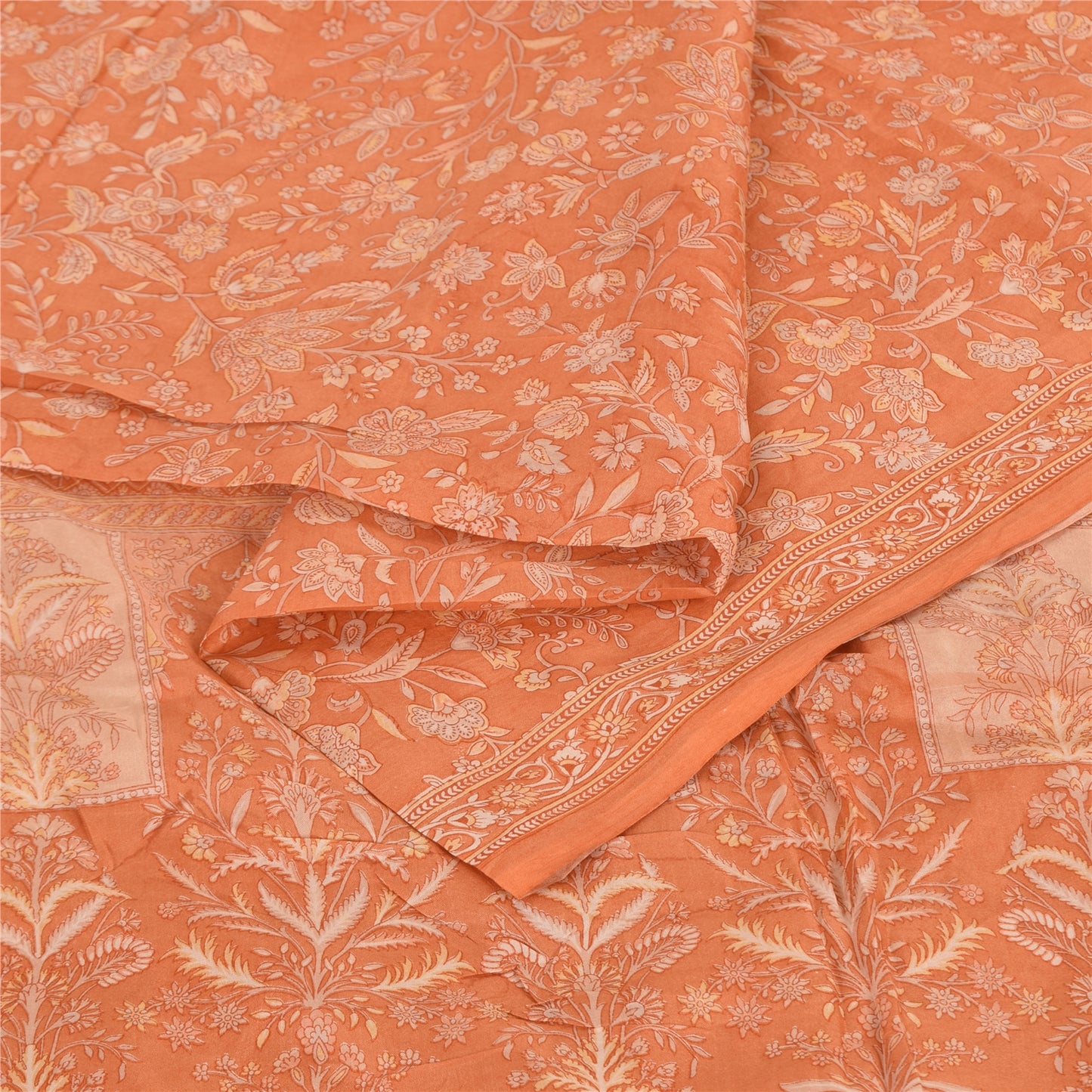 Sanskriti Vintage Sarees Indian Orange Pure Silk Printed Sari 5yd Craft Fabric