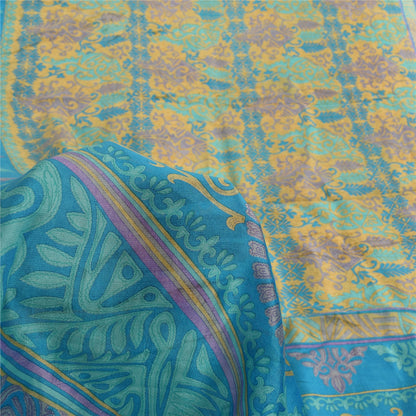 Sanskriti Vintage Sarees Blue & Yellow Pure Silk Printed Sari 5yd Craft Fabric