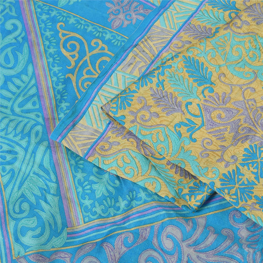 Sanskriti Vintage Sarees Blue & Yellow Pure Silk Printed Sari 5yd Craft Fabric