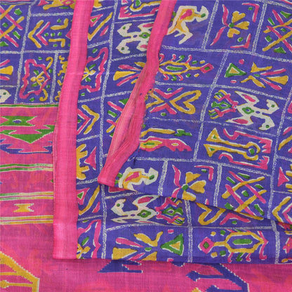 Sanskriti Vintage Sarees Blue 100% Pure Silk Printed Sari 5yd Soft Craft Fabric