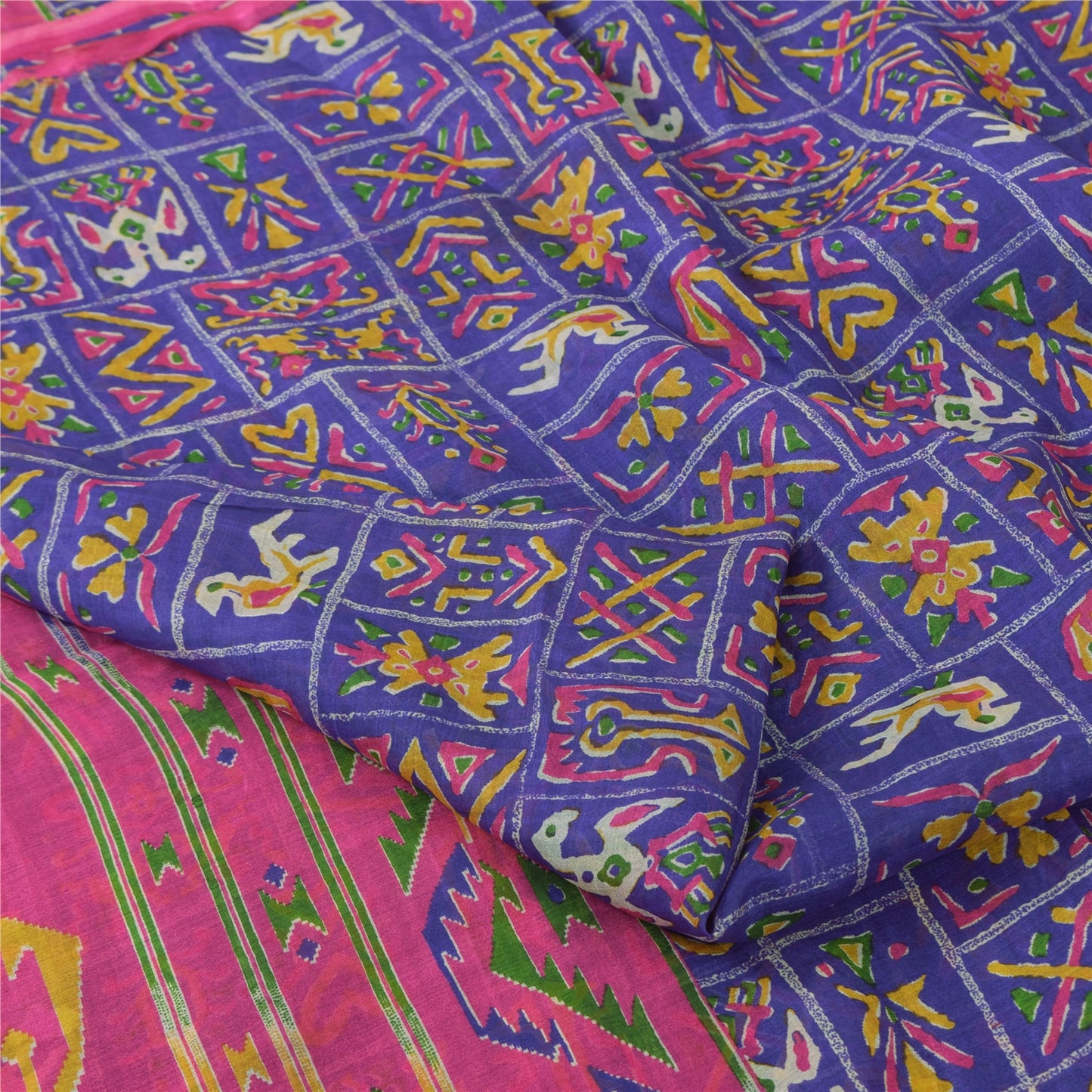 Sanskriti Vintage Sarees Blue 100% Pure Silk Printed Sari 5yd Soft Craft Fabric