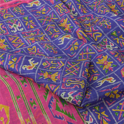 Sanskriti Vintage Sarees Blue 100% Pure Silk Printed Sari 5yd Soft Craft Fabric