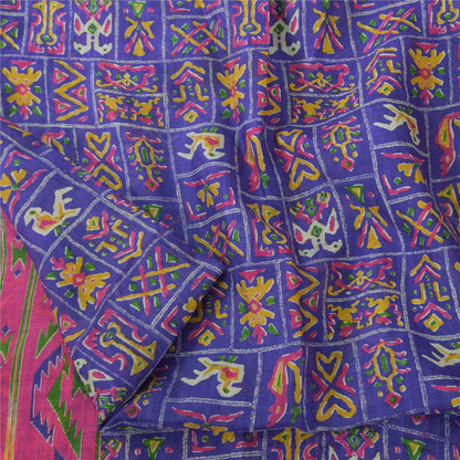 Sanskriti Vintage Sarees Blue 100% Pure Silk Printed Sari 5yd Soft Craft Fabric