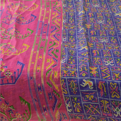 Sanskriti Vintage Sarees Blue 100% Pure Silk Printed Sari 5yd Soft Craft Fabric