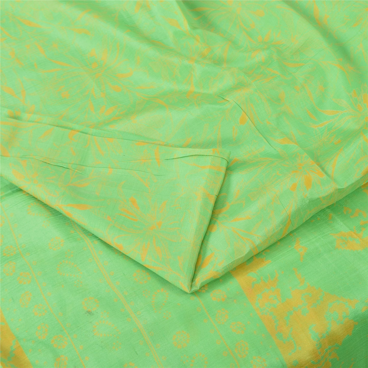 Sanskriti Vintage Sarees Green 100% Pure Silk Printed Sari Floral Craft Fabric