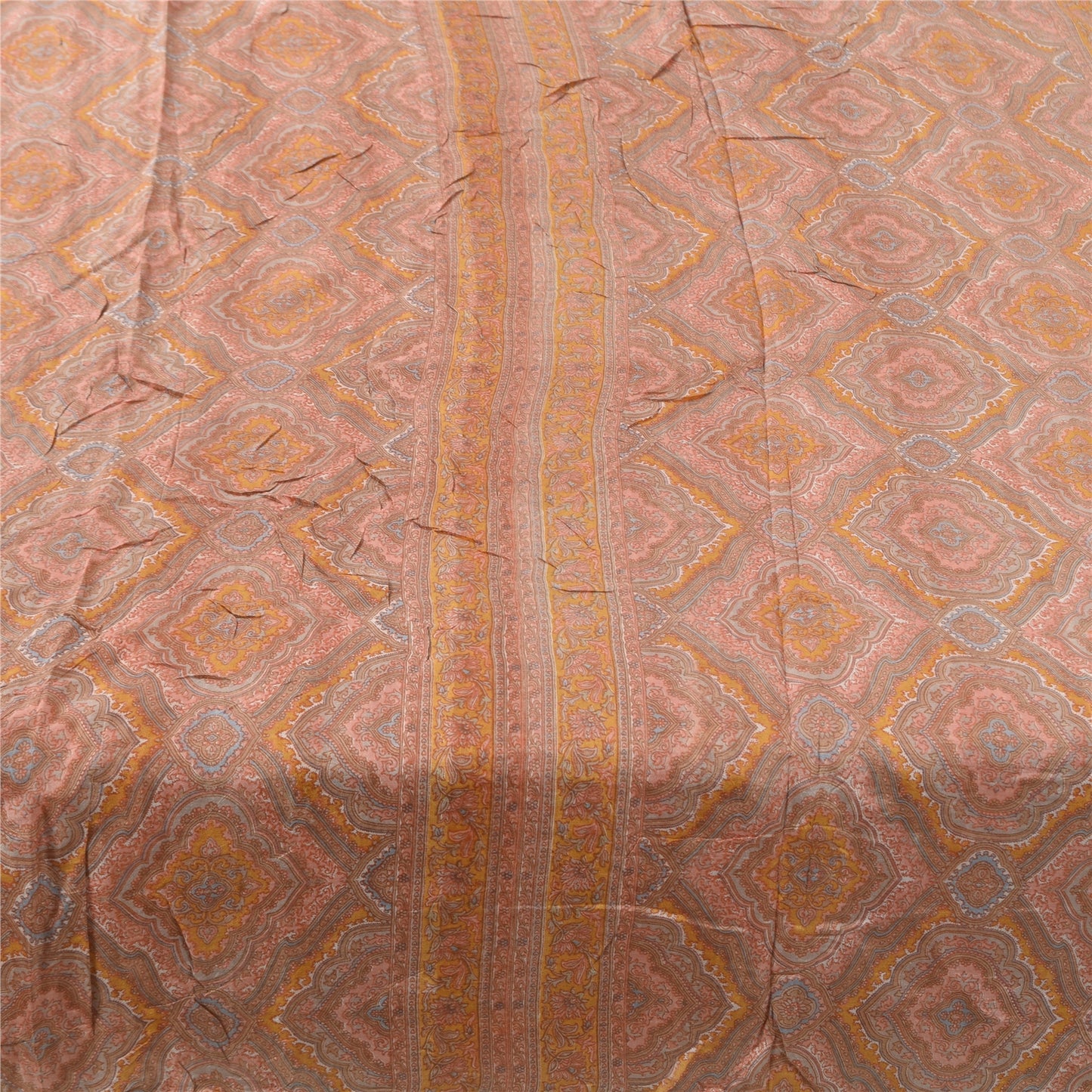 Sanskriti Vintage Sarees Peach Indian Pure Silk Printed Sari 6yd Craft Fabric