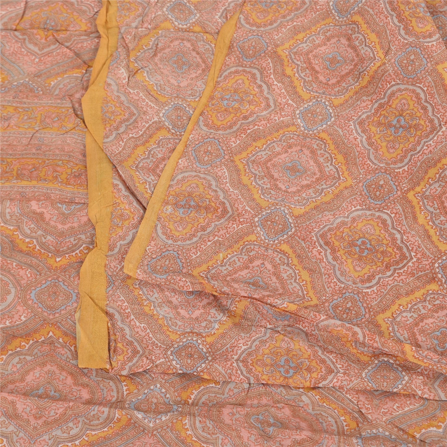 Sanskriti Vintage Sarees Peach Indian Pure Silk Printed Sari 6yd Craft Fabric