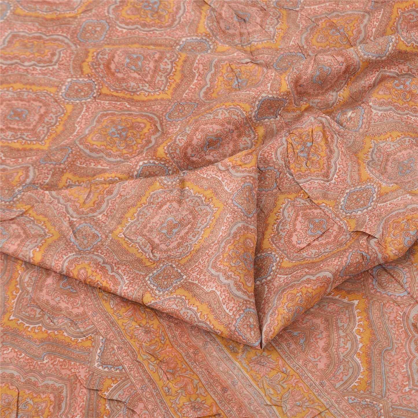 Sanskriti Vintage Sarees Peach Indian Pure Silk Printed Sari 6yd Craft Fabric