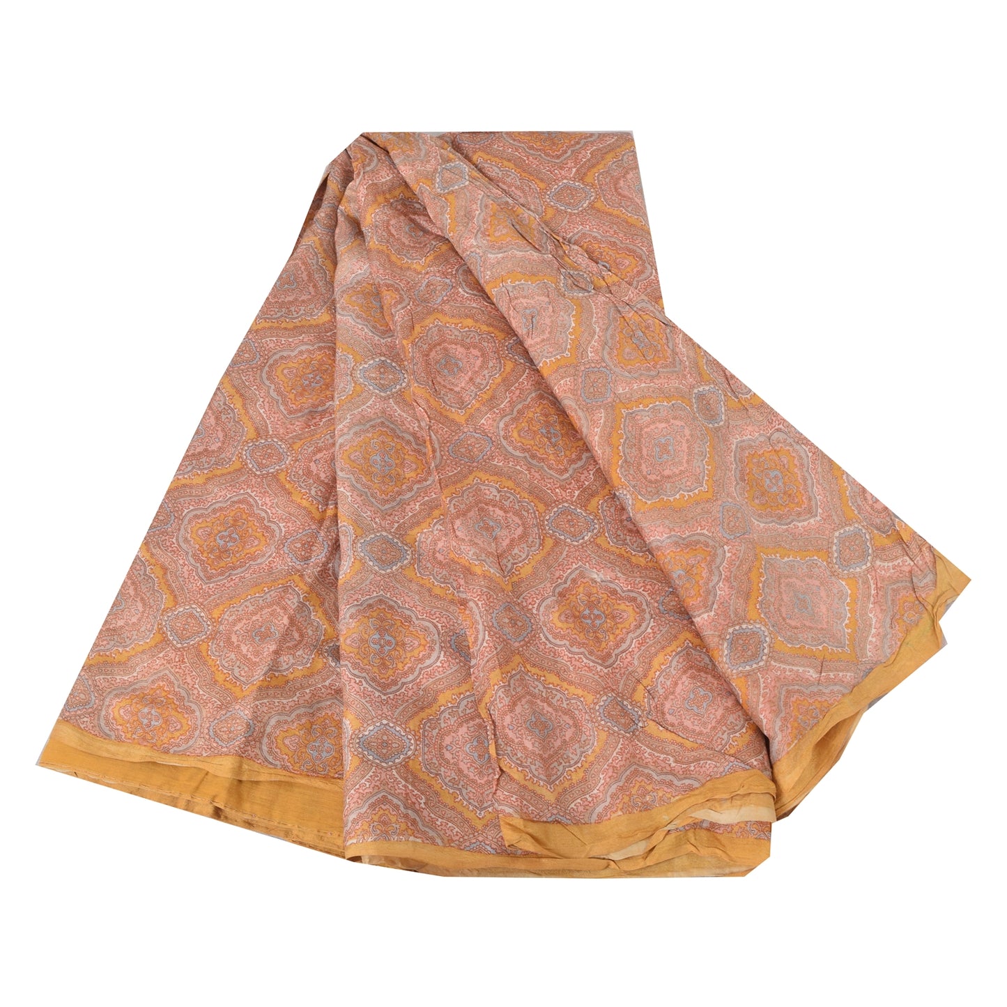 Sanskriti Vintage Sarees Peach Indian Pure Silk Printed Sari 6yd Craft Fabric