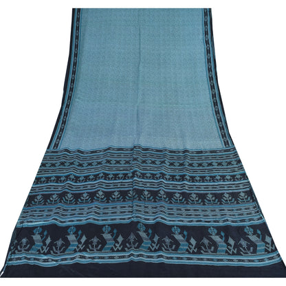 Sanskriti Vintage Sarees Blue From India Pure Silk Printed Sari 5yd Craft Fabric