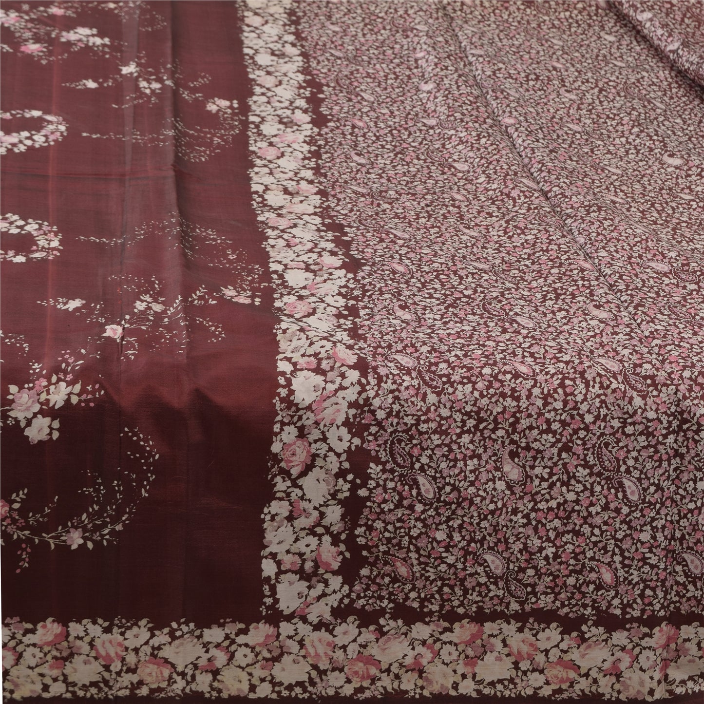 Sanskriti Vintage Sarees Dark Red 100% Pure Silk Printed Sari 5yd Craft Fabric