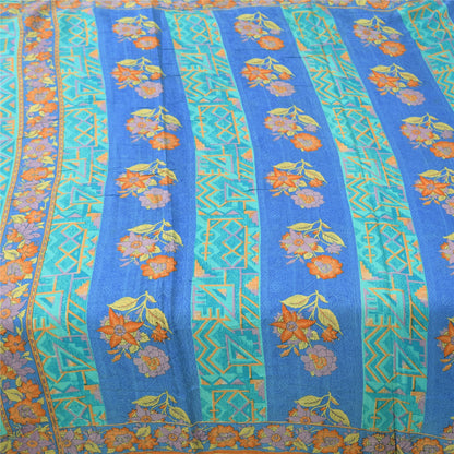 Sanskriti Vintage Sarees Blue/Sea-Green Pure Silk Printed Sari 5yd Craft Fabric