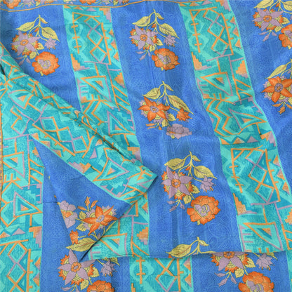 Sanskriti Vintage Sarees Blue/Sea-Green Pure Silk Printed Sari 5yd Craft Fabric