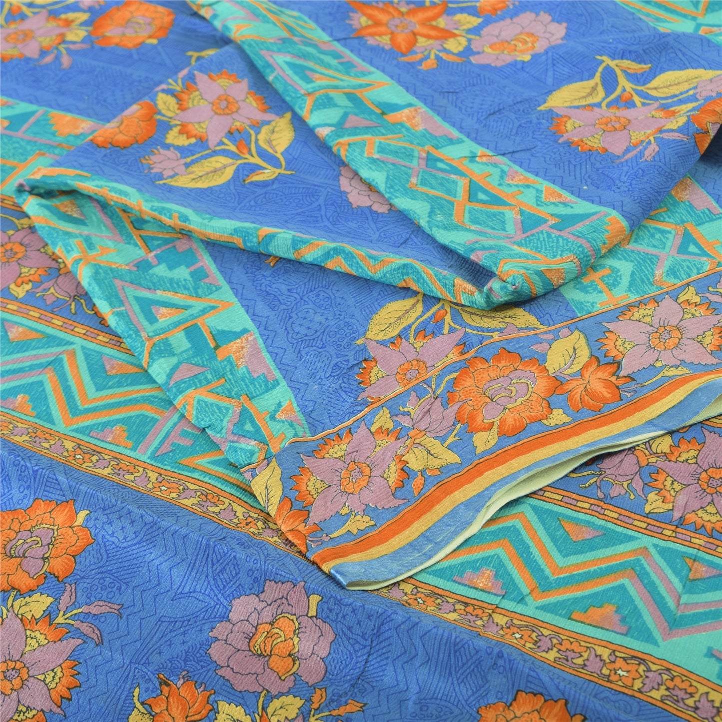 Sanskriti Vintage Sarees Blue/Sea-Green Pure Silk Printed Sari 5yd Craft Fabric