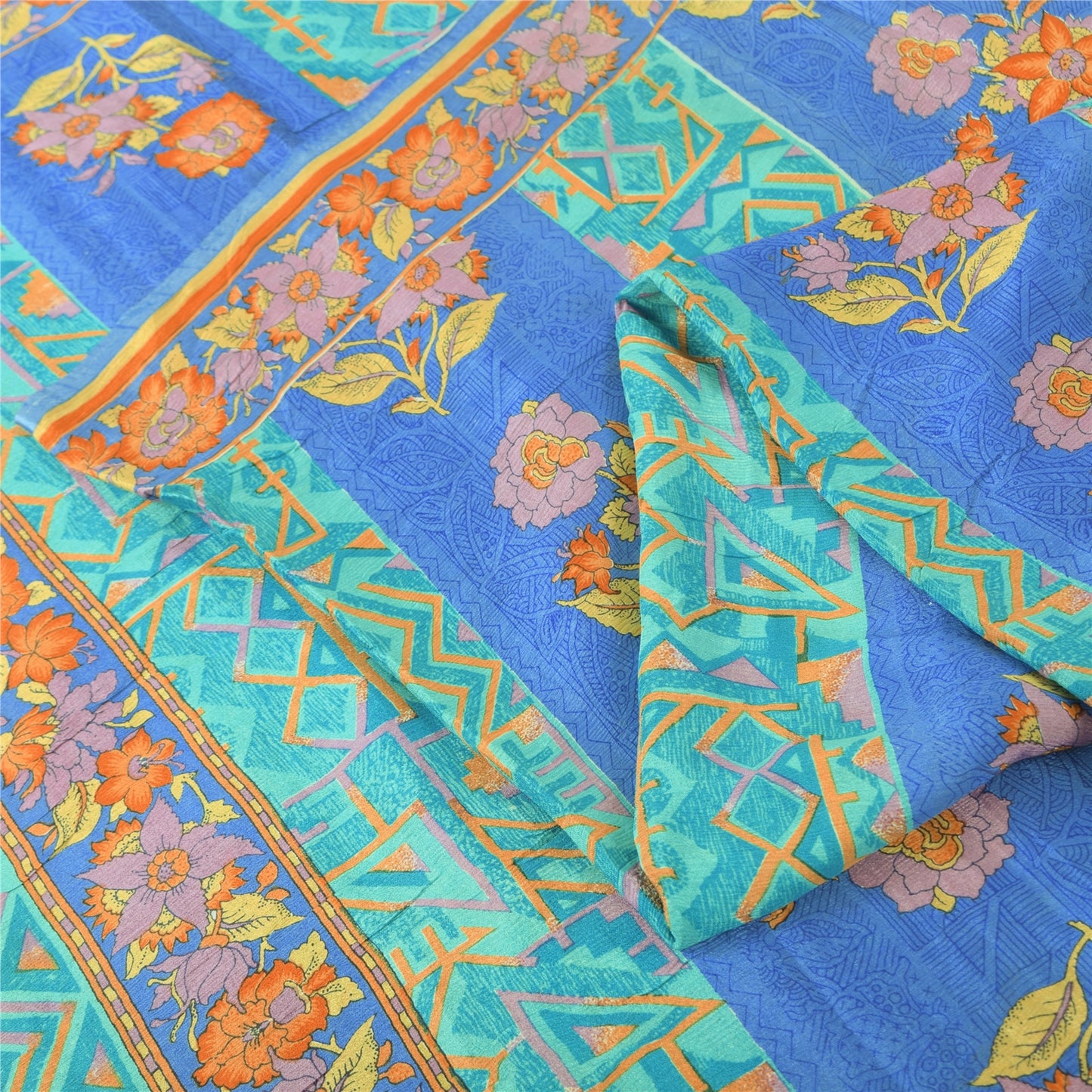 Sanskriti Vintage Sarees Blue/Sea-Green Pure Silk Printed Sari 5yd Craft Fabric