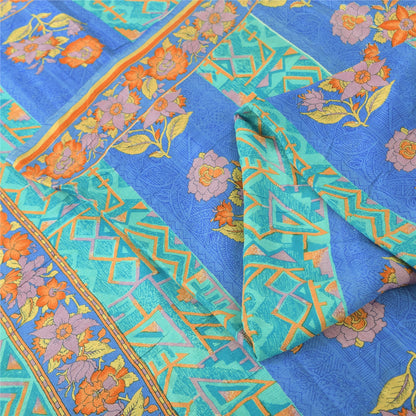 Sanskriti Vintage Sarees Blue/Sea-Green Pure Silk Printed Sari 5yd Craft Fabric