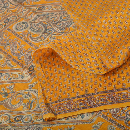 Sanskriti Vintage Sarees Yellow Indian Pure Silk Printed Sari 5yd Craft Fabric