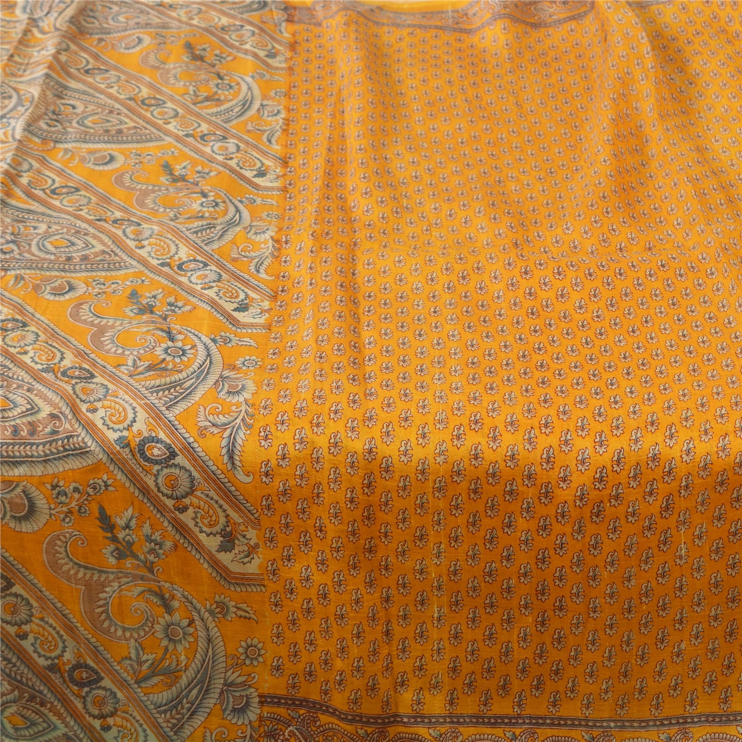 Sanskriti Vintage Sarees Yellow Indian Pure Silk Printed Sari 5yd Craft Fabric