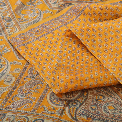 Sanskriti Vintage Sarees Yellow Indian Pure Silk Printed Sari 5yd Craft Fabric