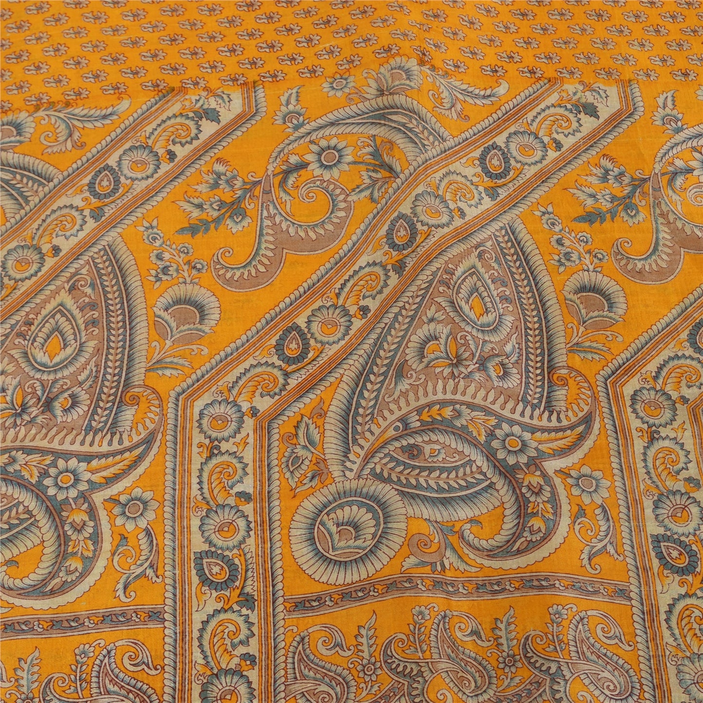 Sanskriti Vintage Sarees Yellow Indian Pure Silk Printed Sari 5yd Craft Fabric