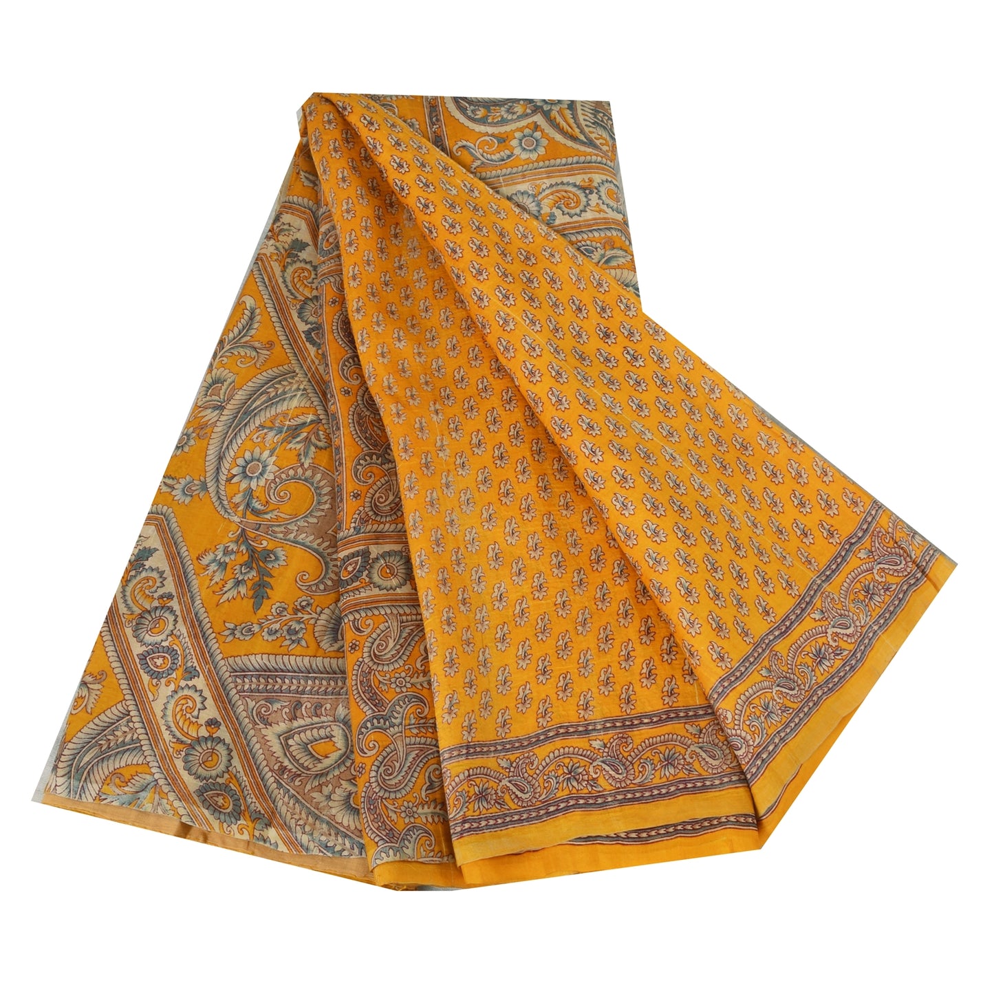 Sanskriti Vintage Sarees Yellow Indian Pure Silk Printed Sari 5yd Craft Fabric