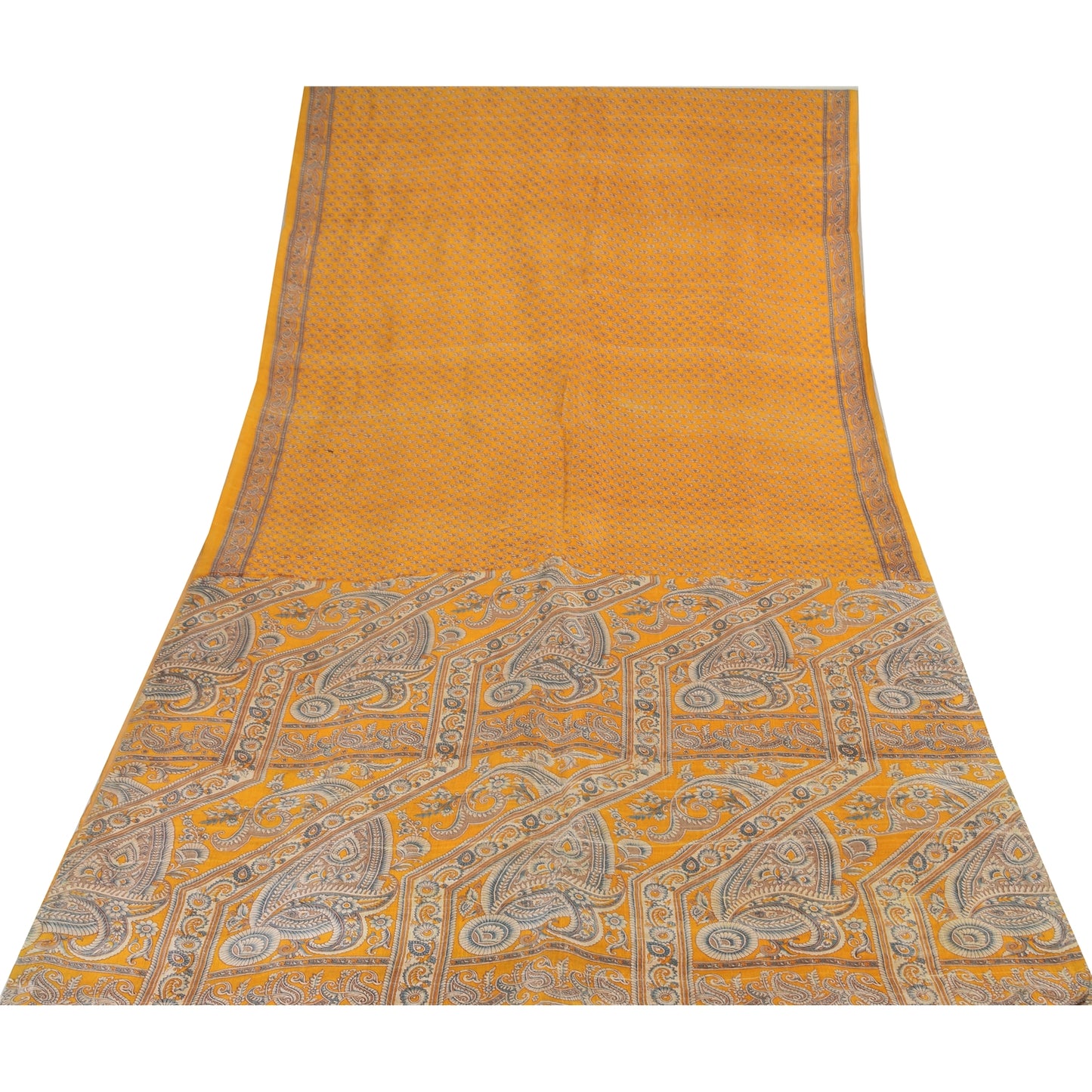 Sanskriti Vintage Sarees Yellow Indian Pure Silk Printed Sari 5yd Craft Fabric