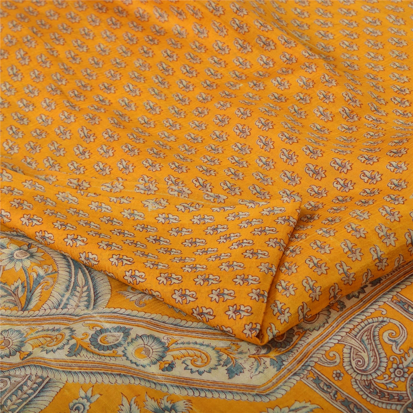 Sanskriti Vintage Sarees Yellow Indian Pure Silk Printed Sari 5yd Craft Fabric