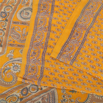 Sanskriti Vintage Sarees Yellow Indian Pure Silk Printed Sari 5yd Craft Fabric