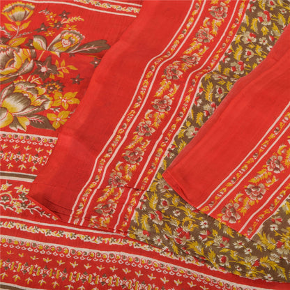 Sanskriti Vintage Sarees Heena-Green/Red Pure Silk Printed Sari 6yd Craft Fabric