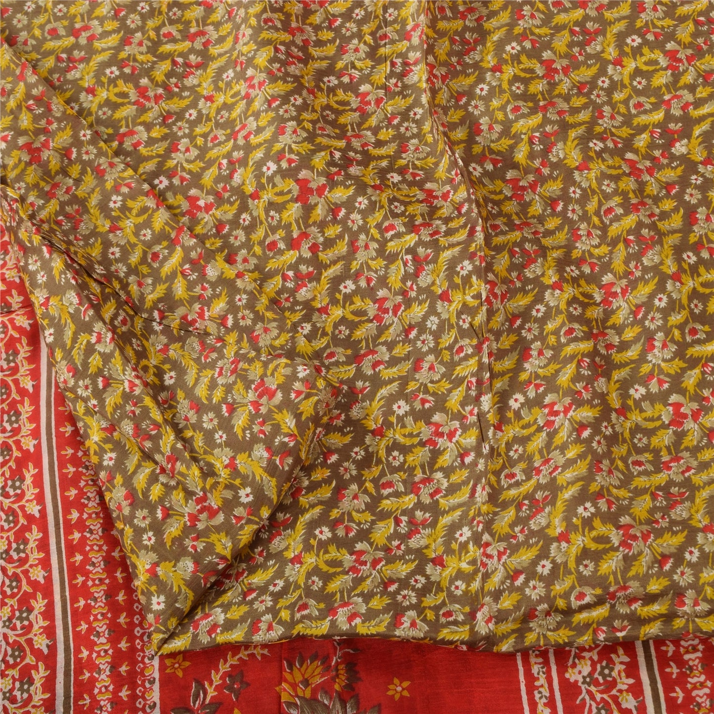 Sanskriti Vintage Sarees Heena-Green/Red Pure Silk Printed Sari 6yd Craft Fabric