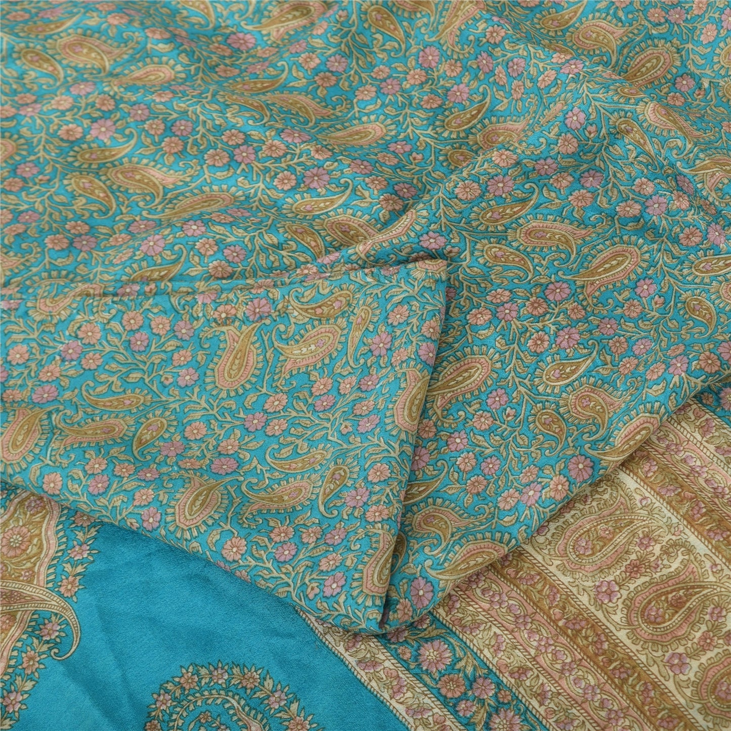 Sanskriti Vintage Sarees From India Blue Pure Silk Printed Sari 6yd Craft Fabric