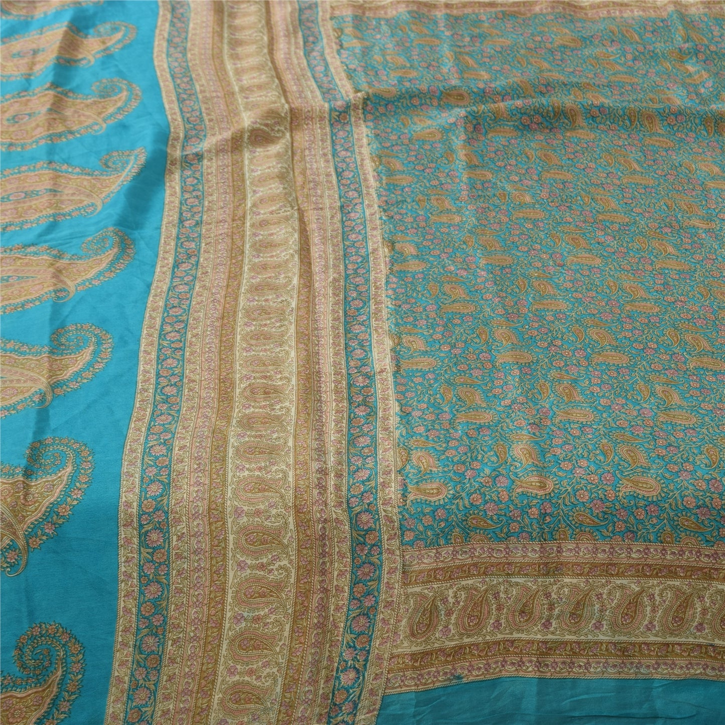 Sanskriti Vintage Sarees From India Blue Pure Silk Printed Sari 6yd Craft Fabric